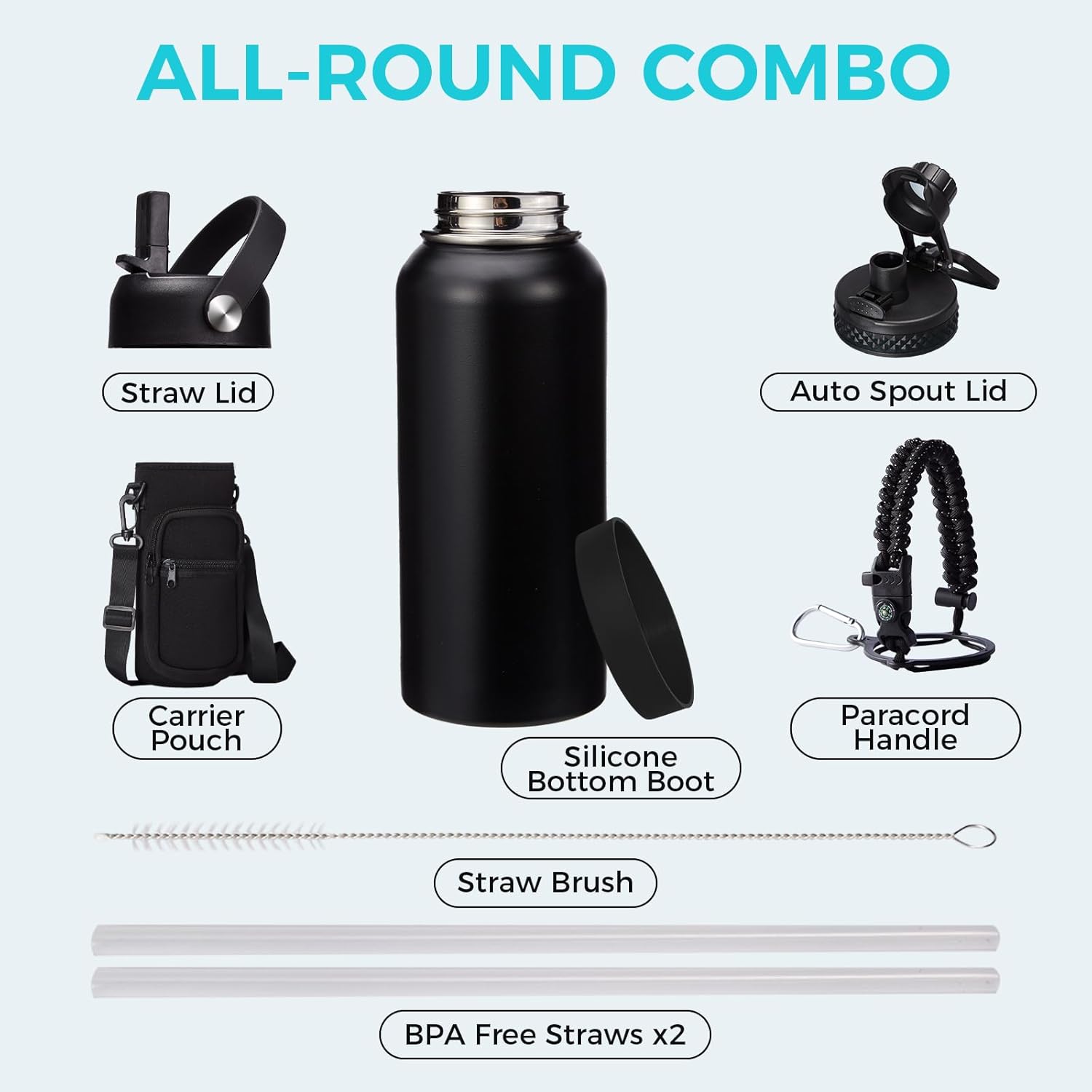 32oz Insulated Water Bottles - with Straw Spout Lid, Bottle Holder Strap Sleeve, Survival Paracord Handle, Protective Cup Mat, Sweat-Proof Water Bottle, Metal Thermo Flask for Sports Workout - Image 2