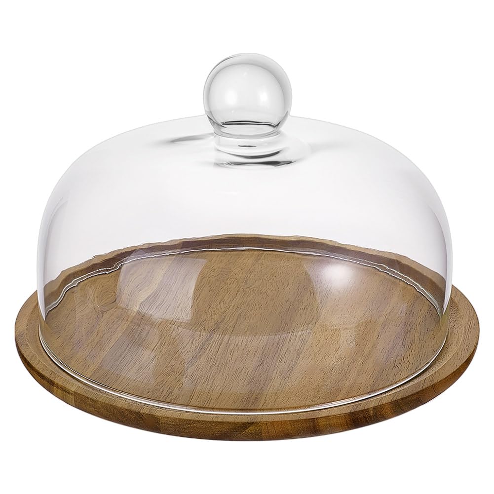 nbeads Présentoir à Gâteau avec Dôme en Verre, Cloche à Gâteau en Verre avec Base en Bois D'Acacia Plateau à Gâteau avec Couvercle pour Cuisine Fêtes Pâtisserie Cadeaux, 25.5x25.5x17cm