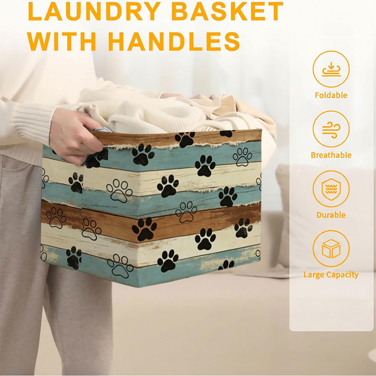 56L Retro Dog Paw Foldable Square Laundry Hamper with Handles – Large Clothes, Blanket & Toy Storage Basket for Home Organization.