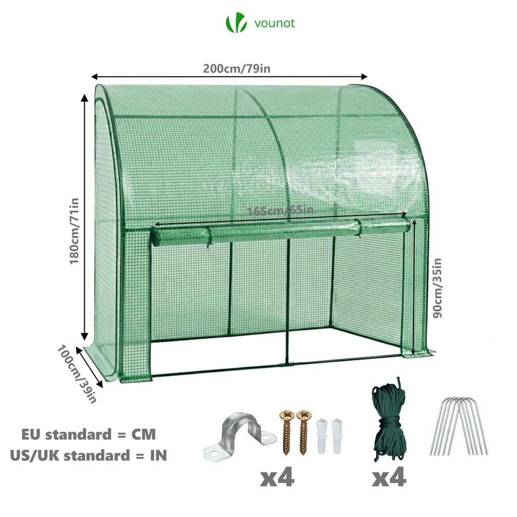 VOUNOT® Invernadero Jardín Inclinado Invernadero de Pared Respaldado, Invernadero Túnel Semicircular Plantas Verduras Flores, Cubierta PE Impermeable 135g/m² para Balcón y Terraza 200x100x180cm Verde