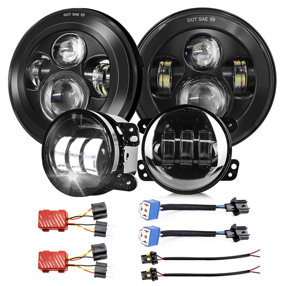 UNI-SHINE 2PCS Round 7 Inch LED Headlights+2PCS 4 Inch LED Fog Lights DOT Approved H6024 JK TJ Hi/Lo Beam Compatible with Jeep Wrangler 1997-2017