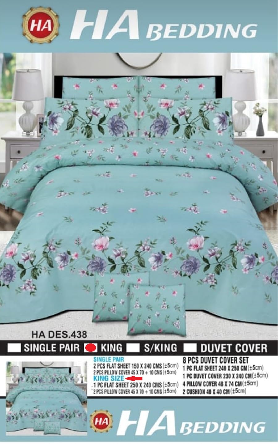 DOLTRI - 3-Piece Printed 150 TC Cotton Bedsheet Set King Size Premium Collection (1 Bedsheet + 2 Pillow Cases) (Sea Green Design 438)