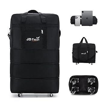JD FRESH 3 Layer Expandable Duffle Bags/78 cm Nylon Convertible Travel Luggage with Wheels/Waterproof Traveling Bag for Clothes/Foldable and Extendable Duffle Luggages for Men and Women - Black