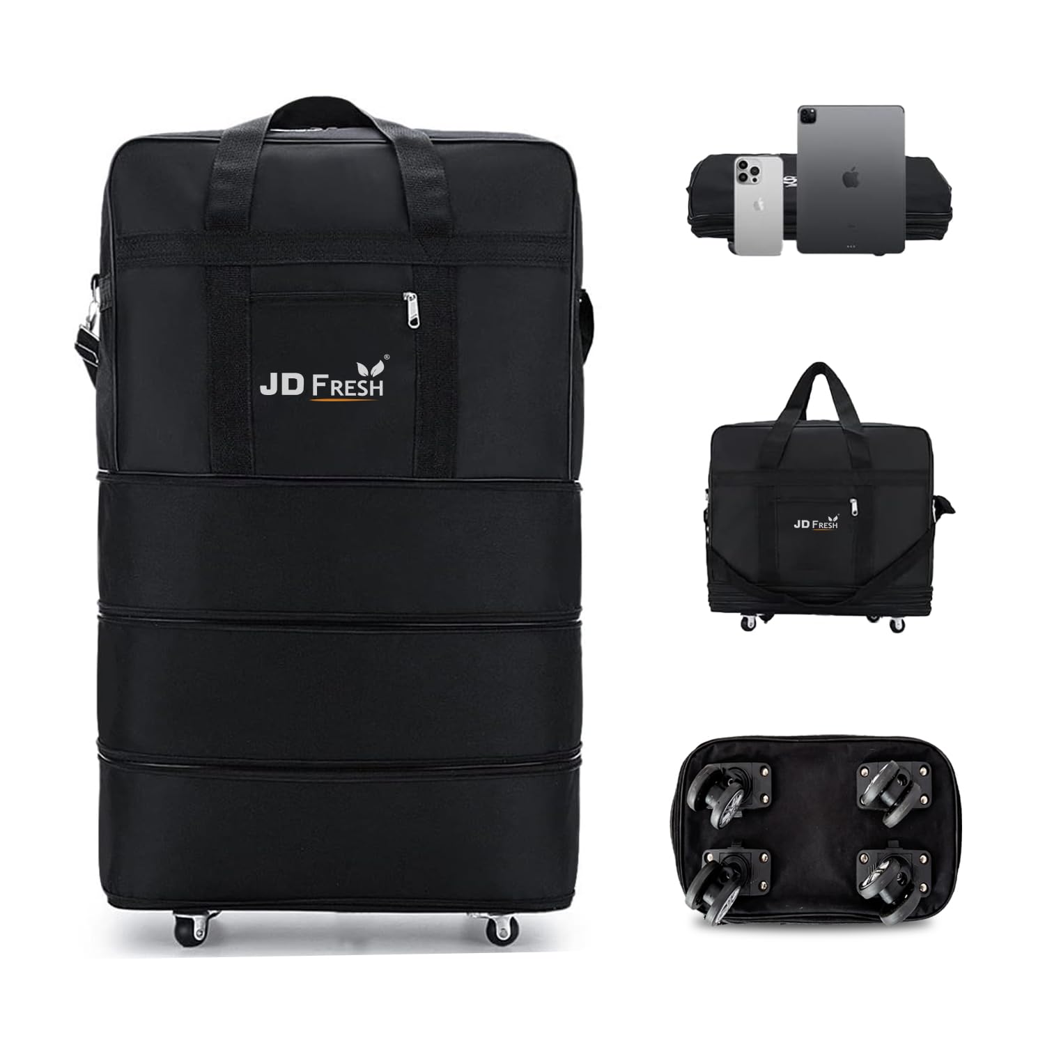 jd fresh 3 Layer Expandable Duffle Bags/90 cm Nylon Convertible Travel Luggage with Wheels/Waterproof Traveling Bag for Clothes/Foldable and Extendable Duffle Luggages for Men and Women - Black-picture-48