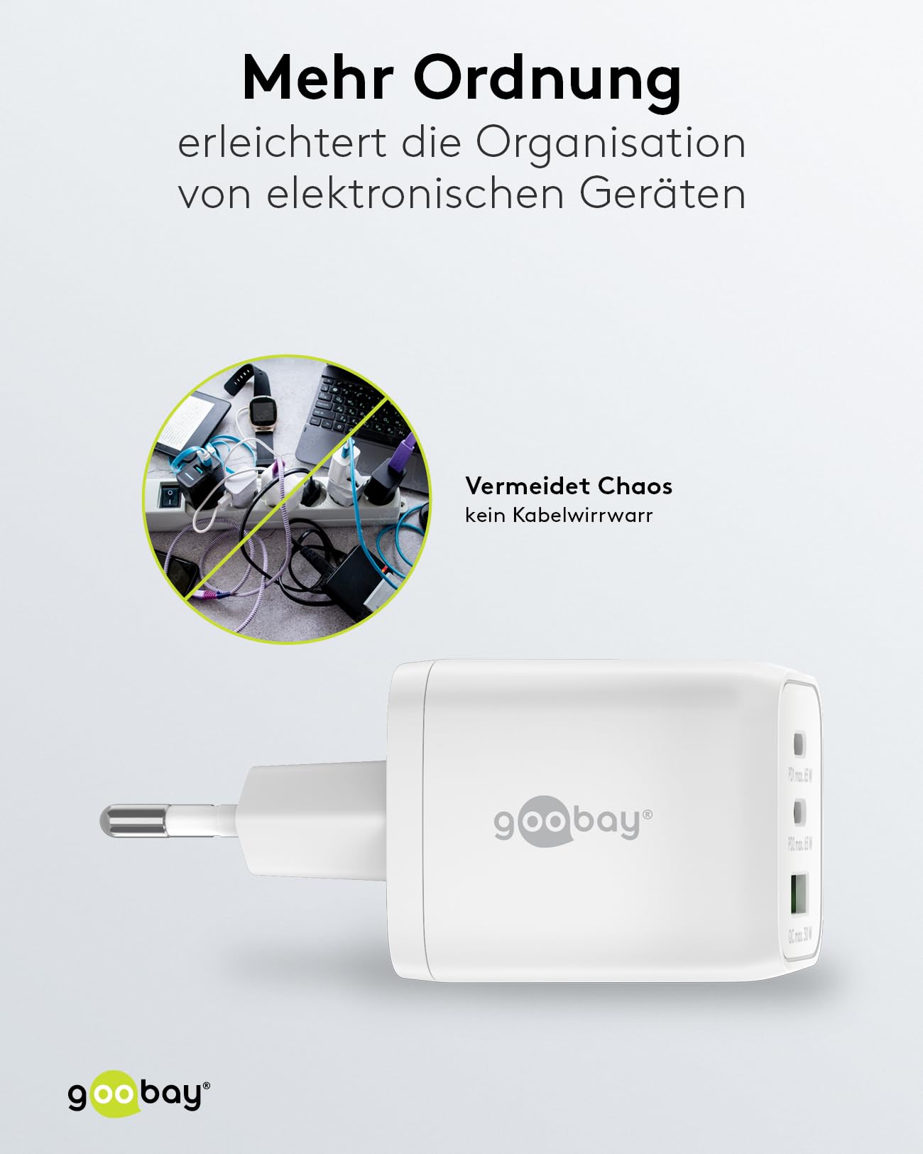 Goobay 64754 Chargeur Rapide multiport USB-C PD Nano (65 W) / 2 x USB-C PD 1 x USB-A Quick Charge/Adaptateur Secteur pour câbles de Charge iPhone et Autres téléphones Mobiles/Blanc