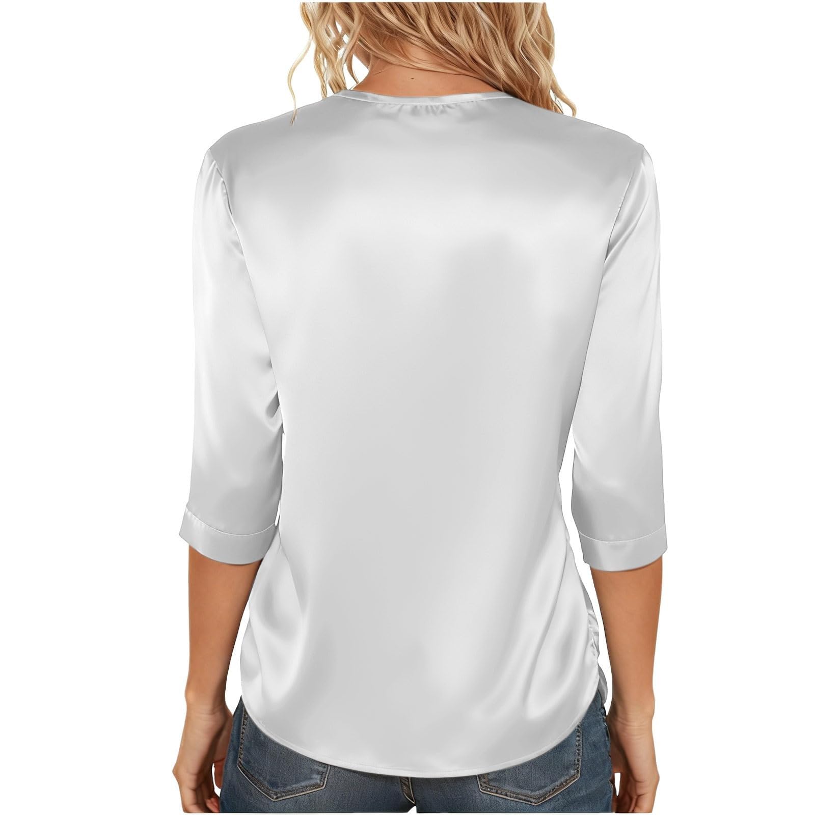 Generico Camiseta blanca básica para mujer con mangas de tres cuartos - Elegante Top de mujer de raso blanco T Shirt manga 3/4 de seda Top Cuello redondo Mangas Color sólido V Blusa Oversize Ligero