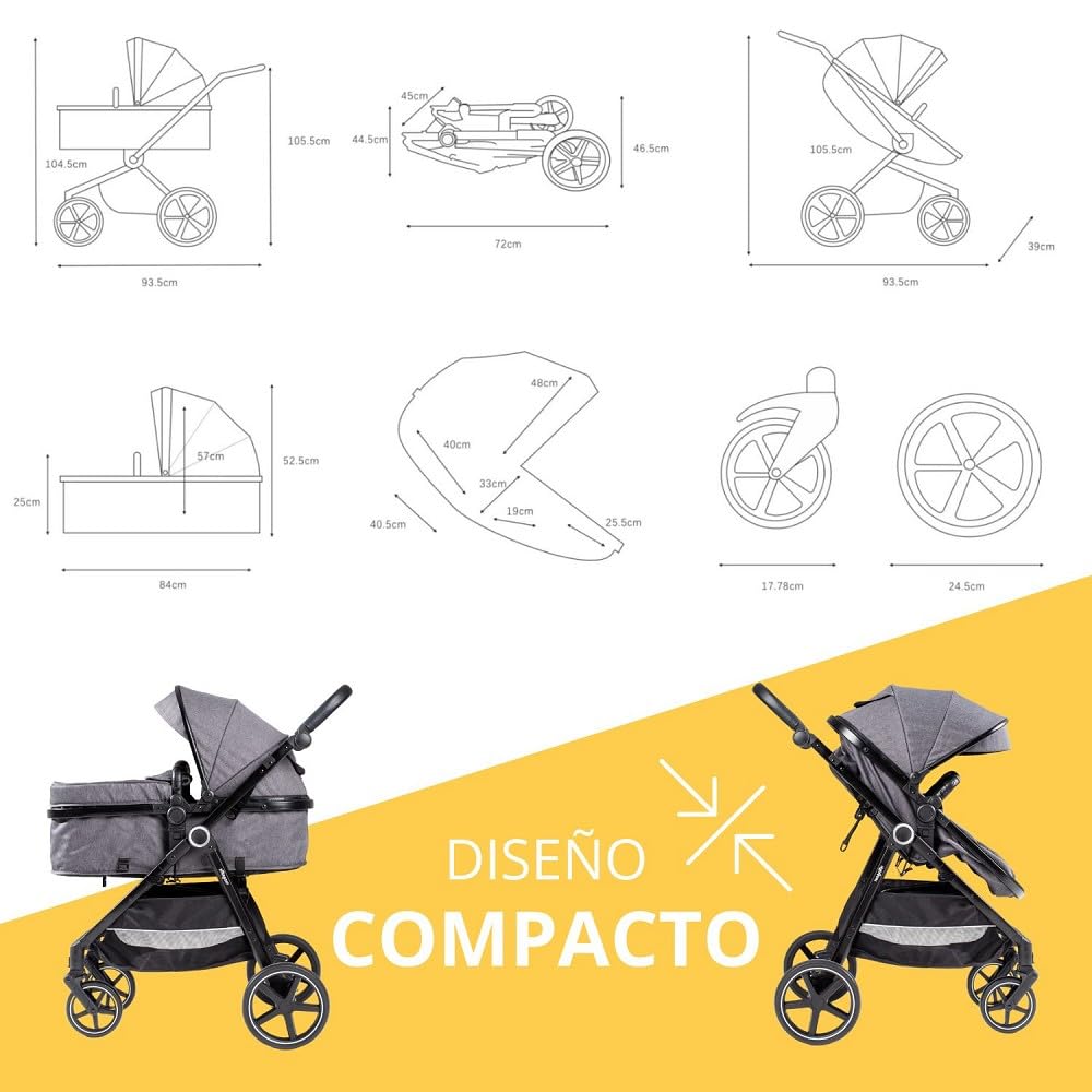 Carrito Bebe 3 en 1 Interbaby | Silla Paseo desde Nacimiento hasta 48 meses o 22 kg | Capazo Acolchado, Amortiguadores, Asiento Ajustable y Silla de Auto (Grupo 0) | Cochecito bebe Modelo Versa Negro