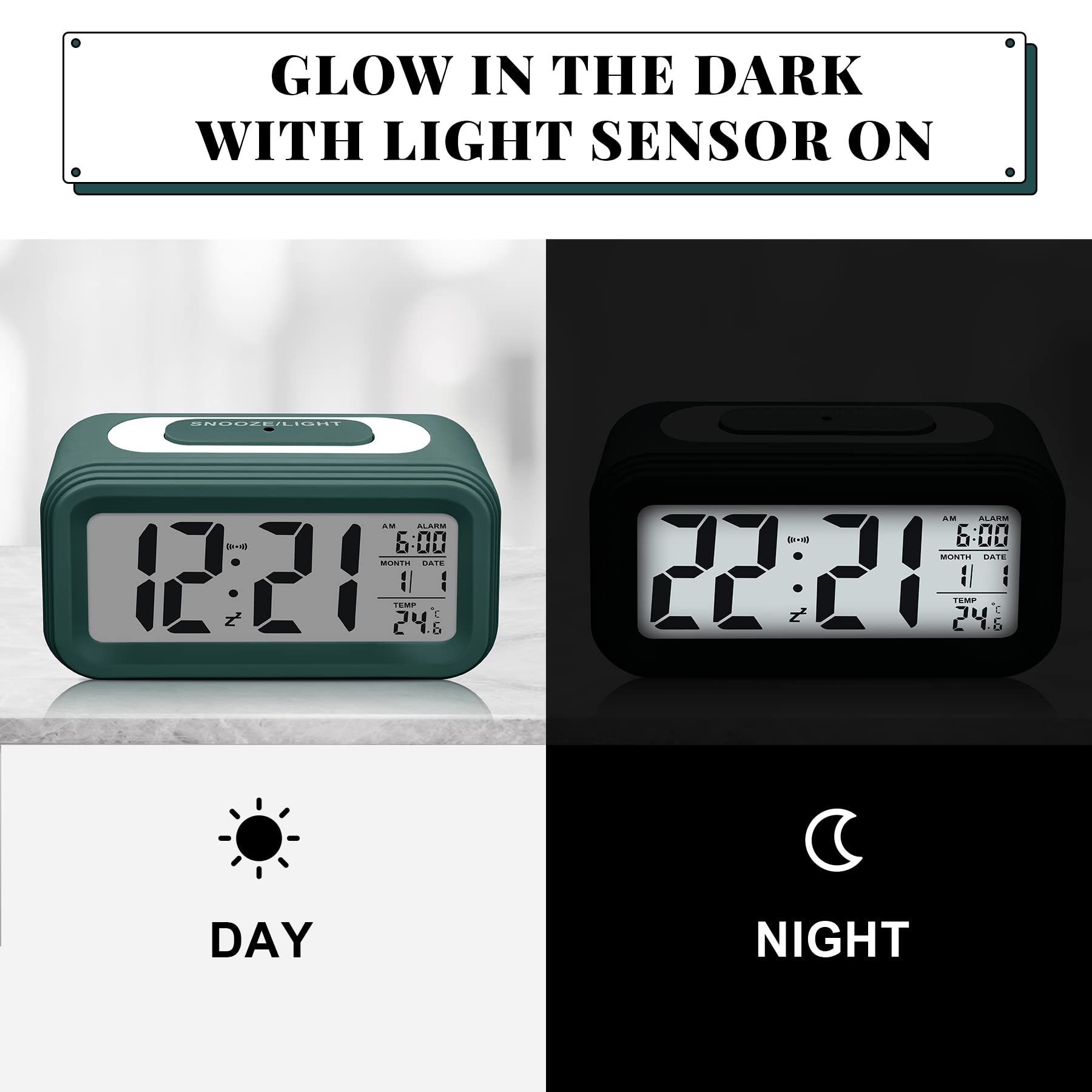 Larkumio Sveglia Digitale da Comodino LED Alarm Clock, Orologio Sveglia Luminosa Silenziosa a Pile Sveglie da Viaggio con Snooze per Adulti Anziani Bambini, Verde Scuro