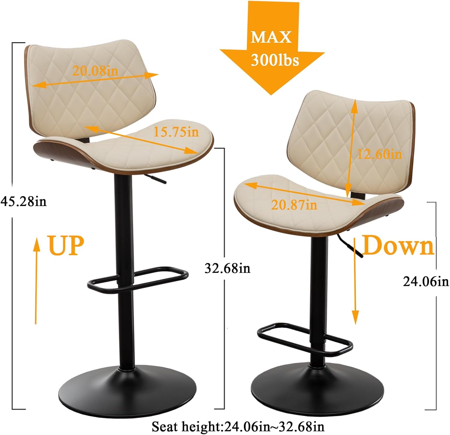 LUNLING Bar Stools Set of 2 Mid Century Modern Adjustable Counter Height Black Leather Upholstered 360°Swivel Bar Chairs for Kitchen Island/Dining Room/Cafe