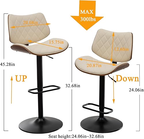 Miniatura 2 de LUNLING Juego de 2 taburetes de bar modernos de mediados de siglo, altura de mostrador, tapizados de cuero negro, sillas de bar giratorias de 360