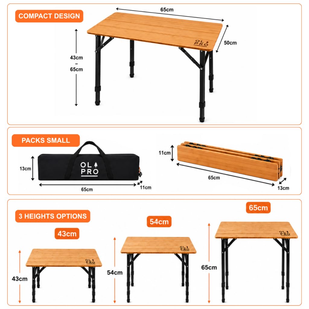 OLPRO Bambus-Campingtisch 65 x 50 cm, 4-klappbarer tragbarer Outdoor-Tisch mit verstellbaren Aluminiumbeinen, kompakte Tragetasche, 30 kg Tragkraft für Camping, Wohnwagen, Wohnmobil, Picknicks