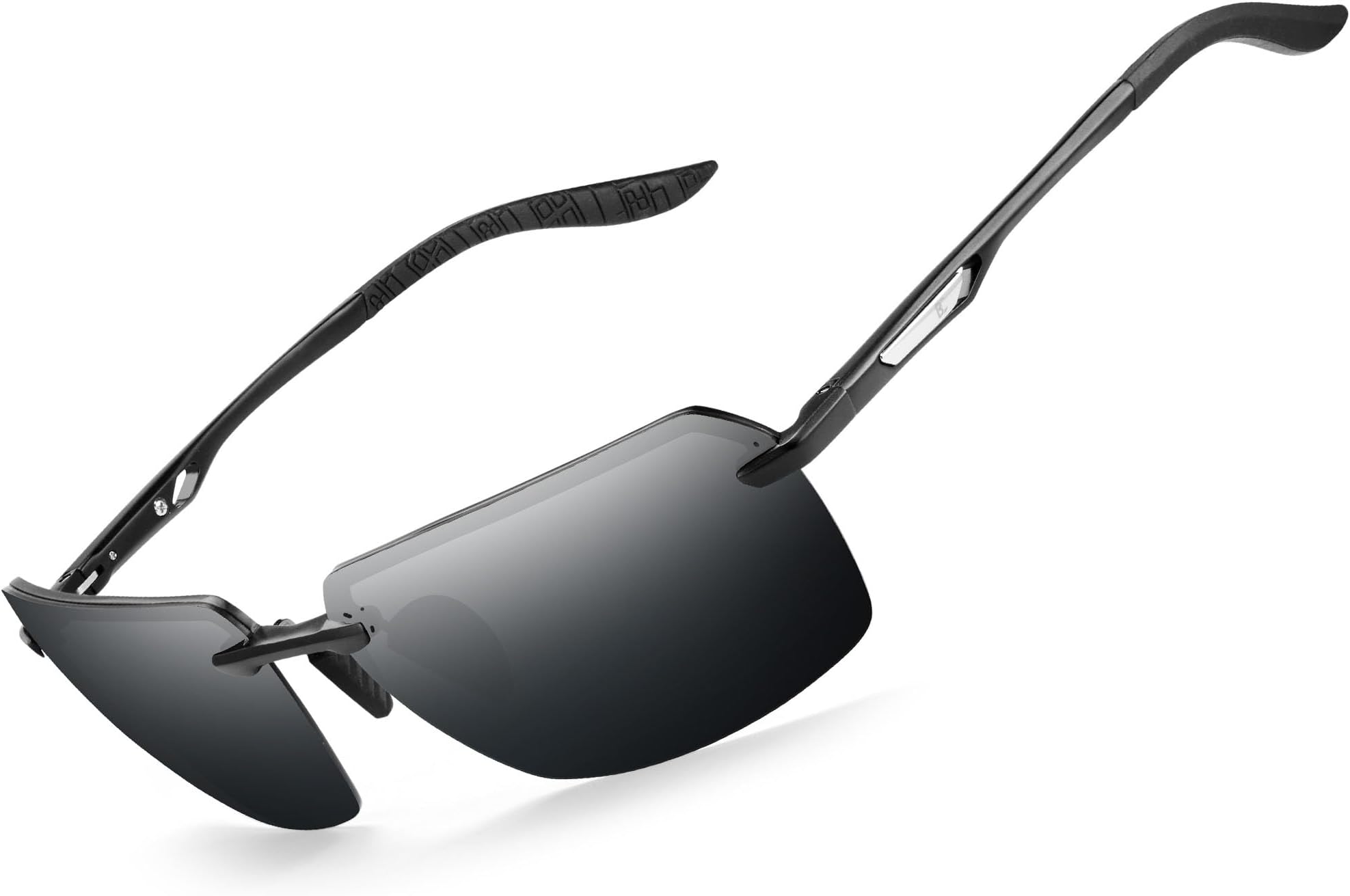 - Mens Polarized Sunglasses for Driving: Rimless UV Protection Sun Glasses with Al-Mg Frame for Fishing Traveling Golf