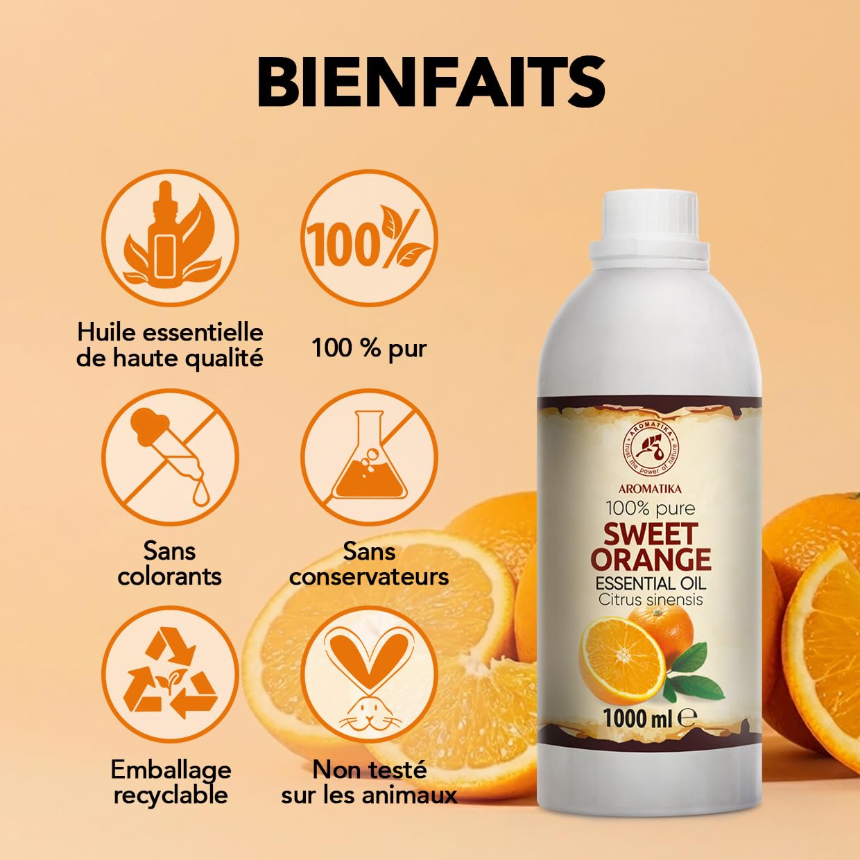 Huile Essentielle D'orange Douce 1000 ml - Citrus Sinensis - Huile d’orange pour Diffuseur et Lampe Aroma - le Savon et les Bougies - Sauna - Parfums d'Intérieur - Arôme d'agrumes - Aromathérapie