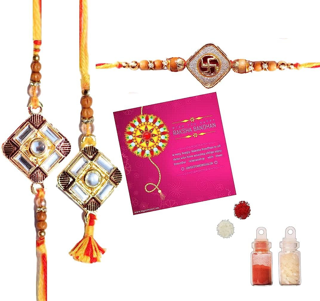 Geetanjali Crafts Handmade Rakhi Set – 6 Multicolor Gold Plated Rakhis With Pearls, Beads, Card, Roli & Chawal - View #6