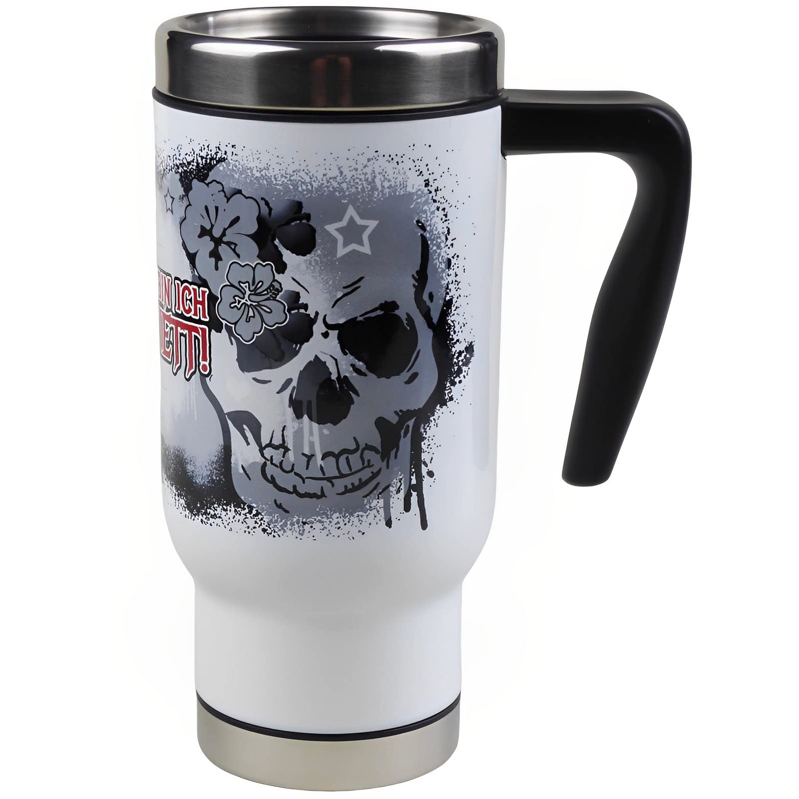 Totenkopf Edelstahl Thermobecher mit Spruch 'Meistens bin ich ganz nett' – 470ml Reisebecher, Handbedruckt, Für Heiß- und Kaltgetränke, praktisches Geschenk mit Totenschädel Design