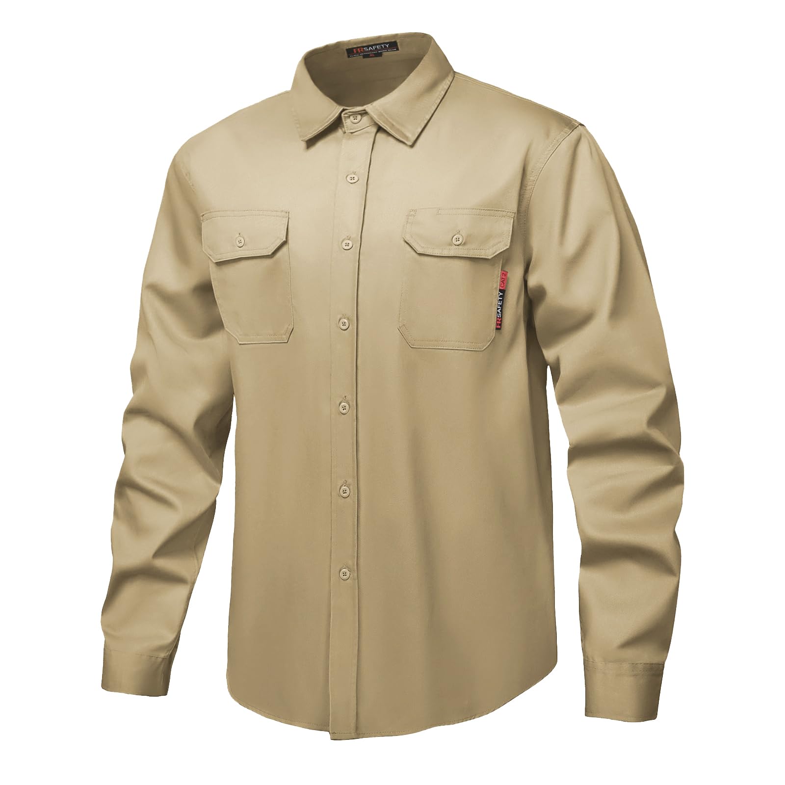 DPSAFETY FR Shirt 7oz Fire Resistant Shirts Men's,CAT2 Welding Shirt 100% Cotton Flame Resistant Shirts Khaki (XLarge)