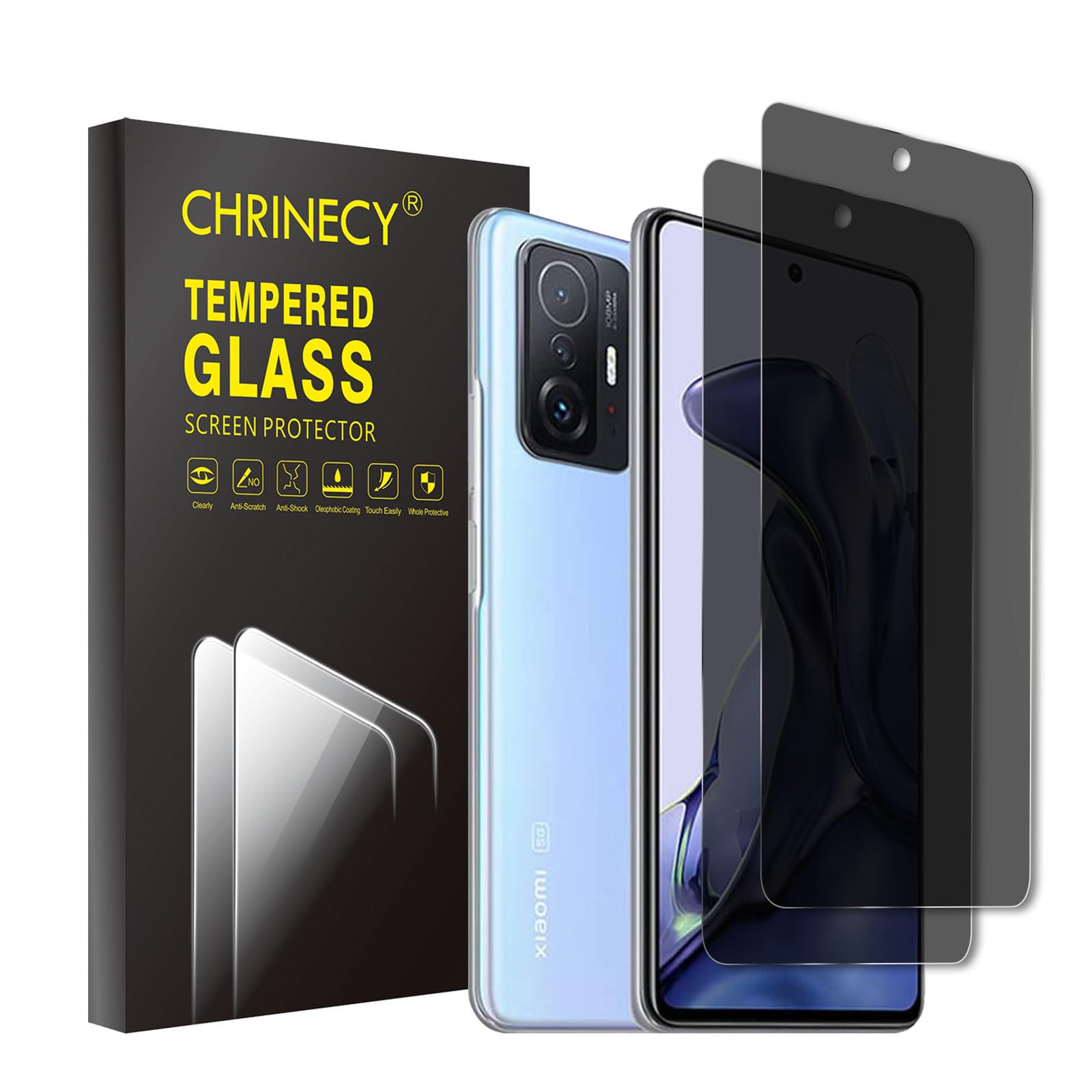 CHRINECY 2 Pack Privacy Screen Protector for Xiaomi 11T / 11T pro, Double Protection Tempered Glass Film, 9H Hardness, Anti-Scratch, Easy Installation, Anti Spy Anti Peeping