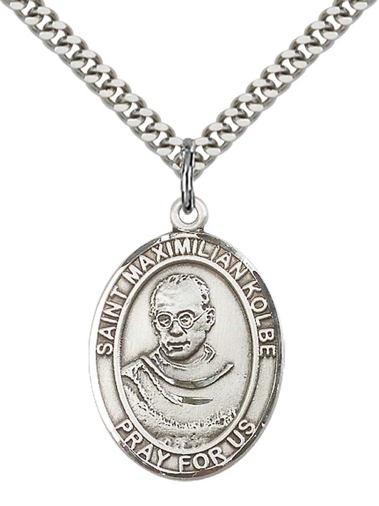 F A DumontSterling Silver St. Maximilian Kolbe Pendant with 24" Stainless Steel Heavy Curb Chain. Patron Saint of Charity/Drug Abuse