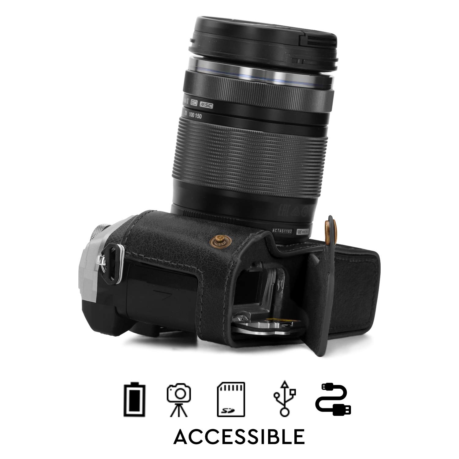 MegaGear Ever Ready - Mezza custodia in vera pelle per fotocamera compatibile con Olympus OM-D E-M5 Mark III