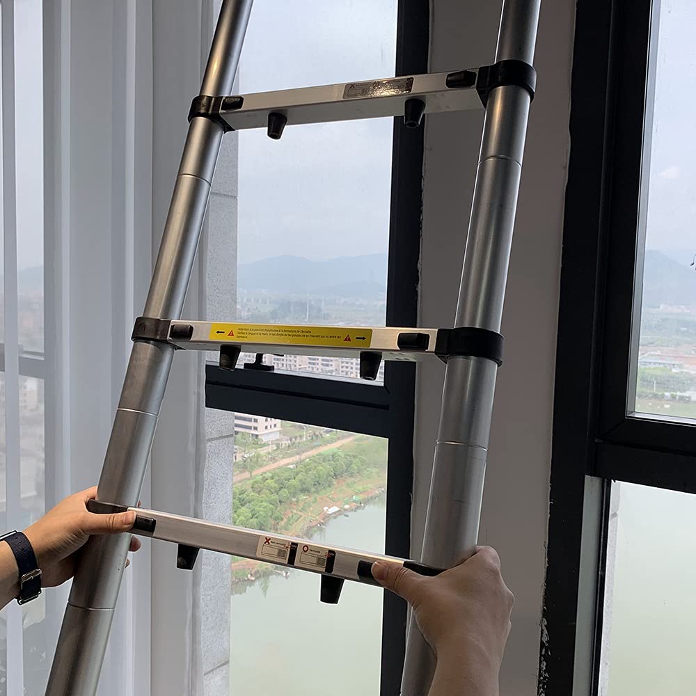 Teleskopowa drabina przedłużająca do dachów 2 m/2,6 m/ 2,9 m/ 3,2 m/ 3,8 m/ 4,1 m/ 4,4 m, aluminiowe wysuwane drabiny z bardzo szerokim stopniem, obciążenie 150 kg (rozmiar: 2,6 m/8,5 ft)