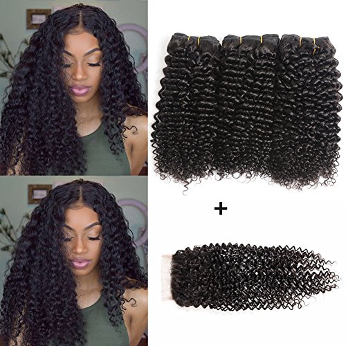 Luxnovolex Brazilian Kinky Curly Hair Bundles with Closre Unprocessed Sew In Remy Virgin Cheap Human Hair Weave Extensions (10 10 10 W 10)
