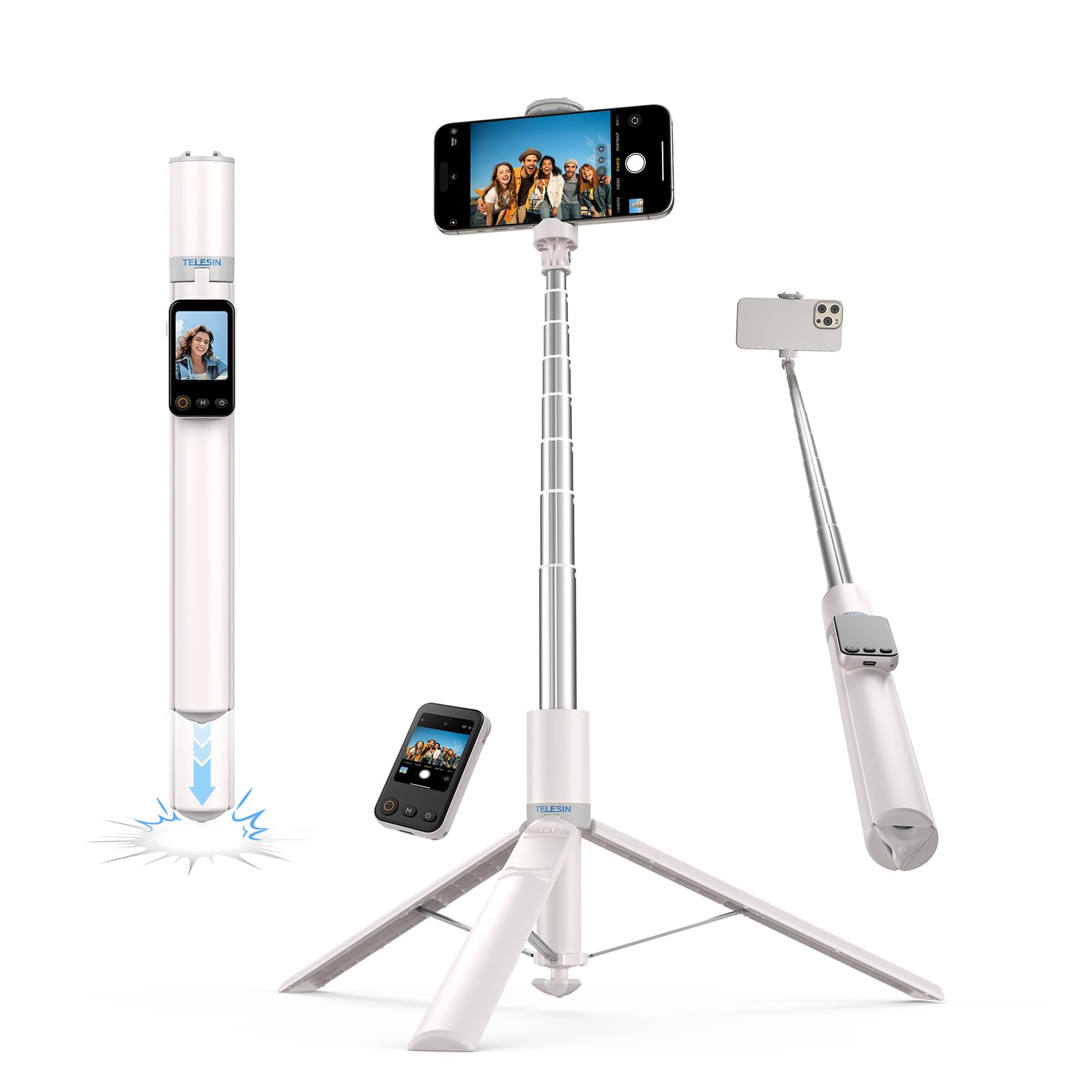 TELESIN 170cm Autoapertura Trípode Móvil para iPhone & Android, Palo Selfie Extensible con Mando Pantalla Inteligente, Zoom/Enfoque, Espejo de Pantalla, Soporte Móvil para Viajes, Vlog y Directos
