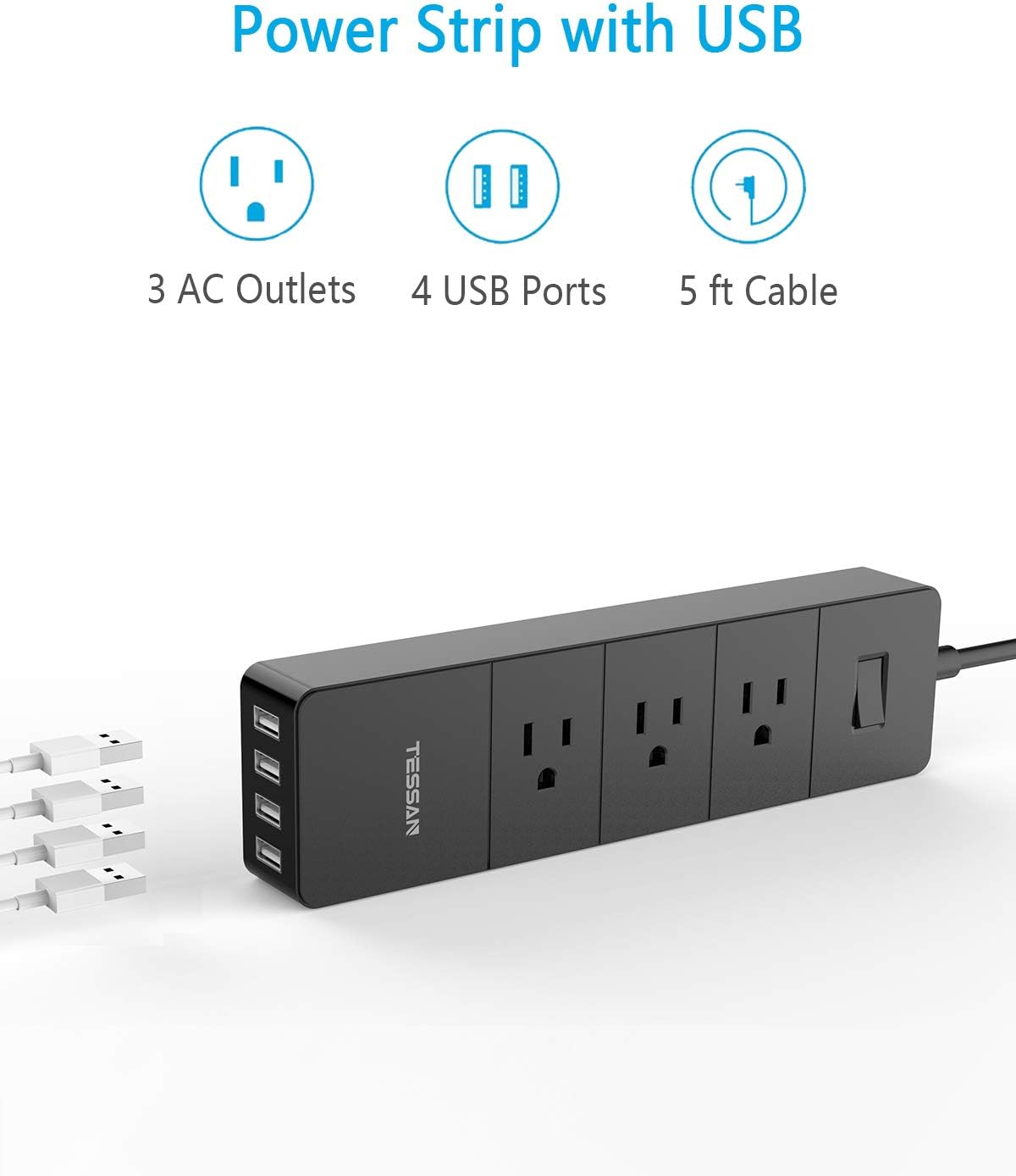 Suреr Brаndѕ Power Strip with USB, TESSAN International Surge Protector 3 Outlets 4 USB, Desktop Charging Station 5 ft Extension Cord for Dorm Home Office; Universal Travel Plug Adapter for US to Asian Europe UK