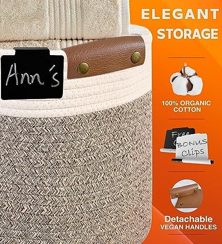 CHAT BLANC Cotton Rope Baskets for Organizing | Storage Baskets for Shelves | Rope Basket for Storage, Small Laundry Baskets, Woven Baskets for Storage, Dog Toy Bin, Baby Basket,Off White&Brown 3 Pack