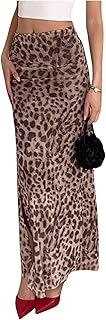 BEAUDRM Women's Y2K Leopard Print Skirts Ruched Side Slit Maxi Skirt Mesh Sheer High Waisted Long Skirt Cheetah Bodycon Skirt