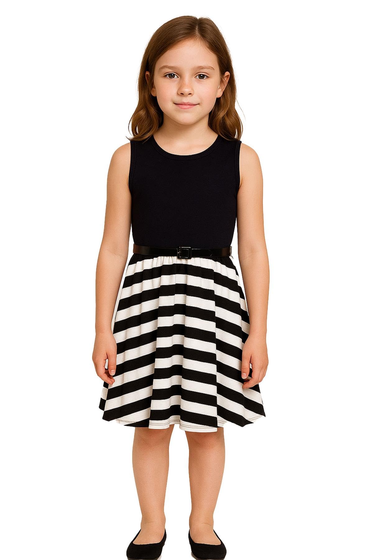 A2z 4 Kids Girls Black Skater Dress Striped Panel Belted Summer Party Dance Sun - Skater Dress Striped Panel 11-12