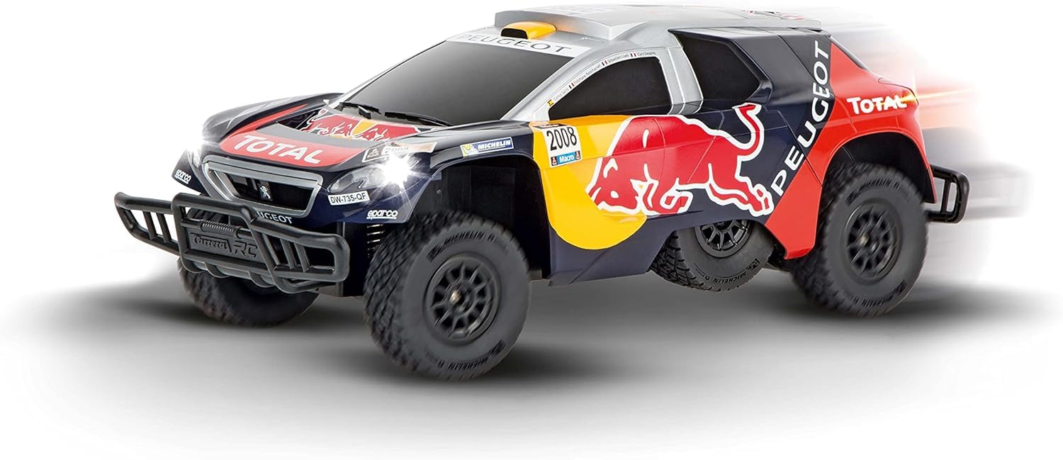 Carrera - 370162106X RC Peugeot 08 DKR 16 - Red Bull I ferngesteuertes Auto I Off-Road Fahrzeug I 2.4GHz I vollgefedertes Fahrwerk I Spielzeug für Kinder ab 6 Jahren & Erwachsene