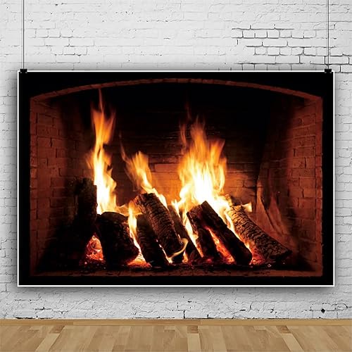 Miniatura 3 de Haoyiyi Telón de fondo de fotografía de leña ardiente de 5 x 3 pies, chimenea, bosque llameante, fuego ardiente, invierno, fiesta de Navidad, fondo,