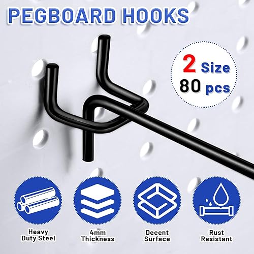 Miniatura 3 de Cezoyx 80 ganchos negros para tablero de clavijas, gancho para estantería de tablero de clavijas de 46 pulgadas para tablero de clavijas de 14