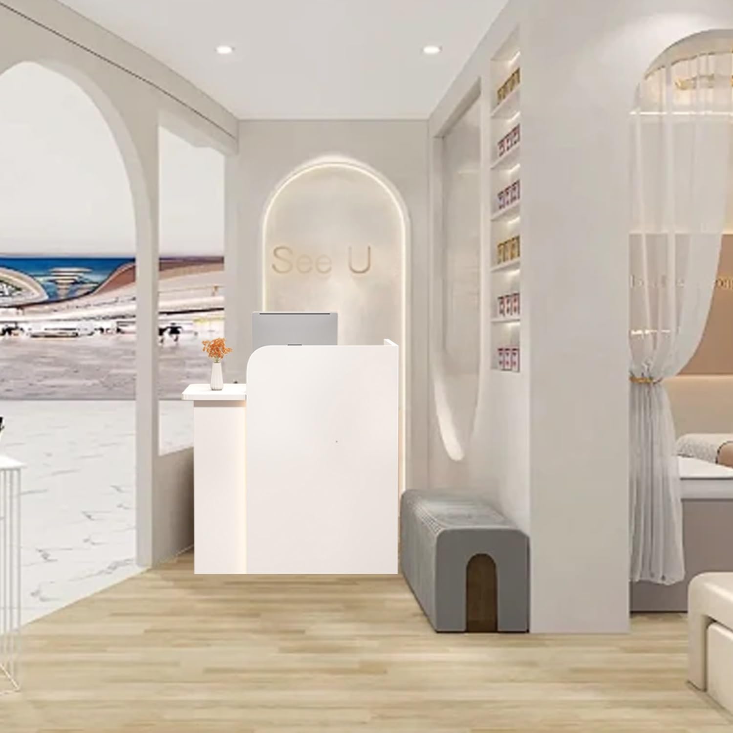 Banco Reception Estetica con Luce e Cassetti, Bancone Cassa Negozio, Bancone Ufficio, Cassette di Ricevimento, per Sale Aziendali, Negozi di Frutta, Reception Alberghiere (White, 60X45X100