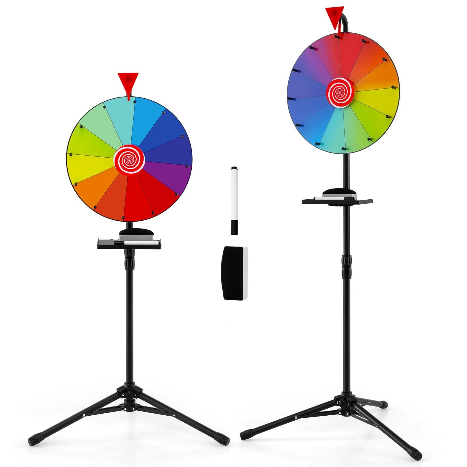 GYMAX Ruota dei Premi Rotante da 40 cm, Ruota della Fortuna con Altezza Regolabile, con Supporto a Treppiede Pieghevole, Pennarello e Gomma per Lavagna, Ruota della Roulette Colorata a 12 Slot