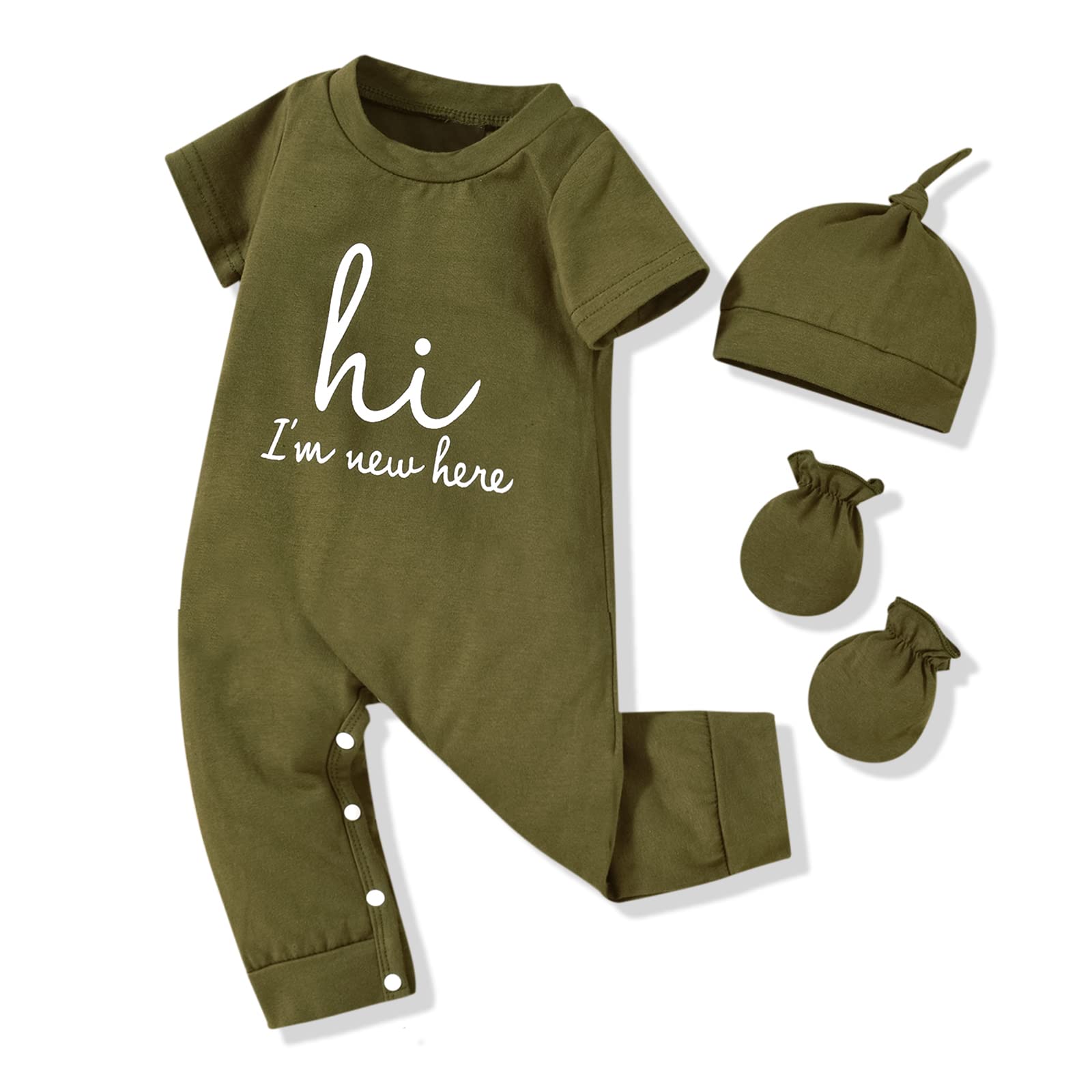 HINTINA Newborn Baby Boy Romper Coming Home Outfits Letter Printed Jumpsuit Hat Glove Outfits