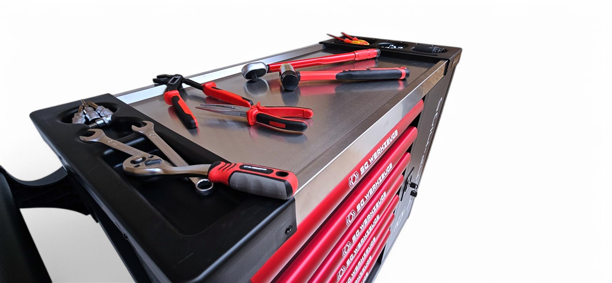Chariot à outils XXL rempli de 7 tiroirs | Servante d'atelier de voiture avec insert aspect carbone | Boîte à outils de voiture équipée Red Black Edition