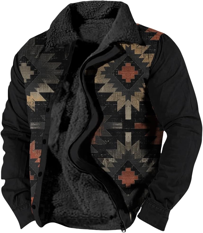 Mens Aztec Fleece Jacket Vintage Ethnic Sherpa Lined Zip up Jacket Fashion Winter Warm Collared Western Coat