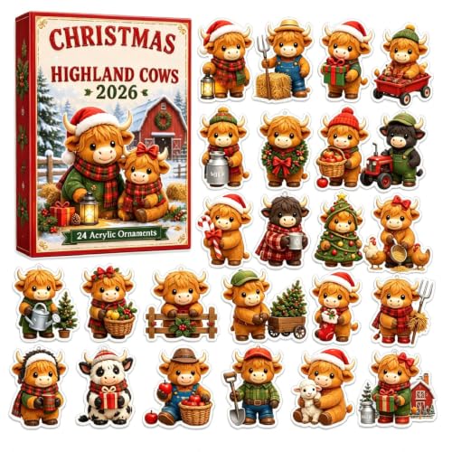 Highland Cow Christmas Advent Calendar 2026 24 Acrylic Ornaments, Red - image 1