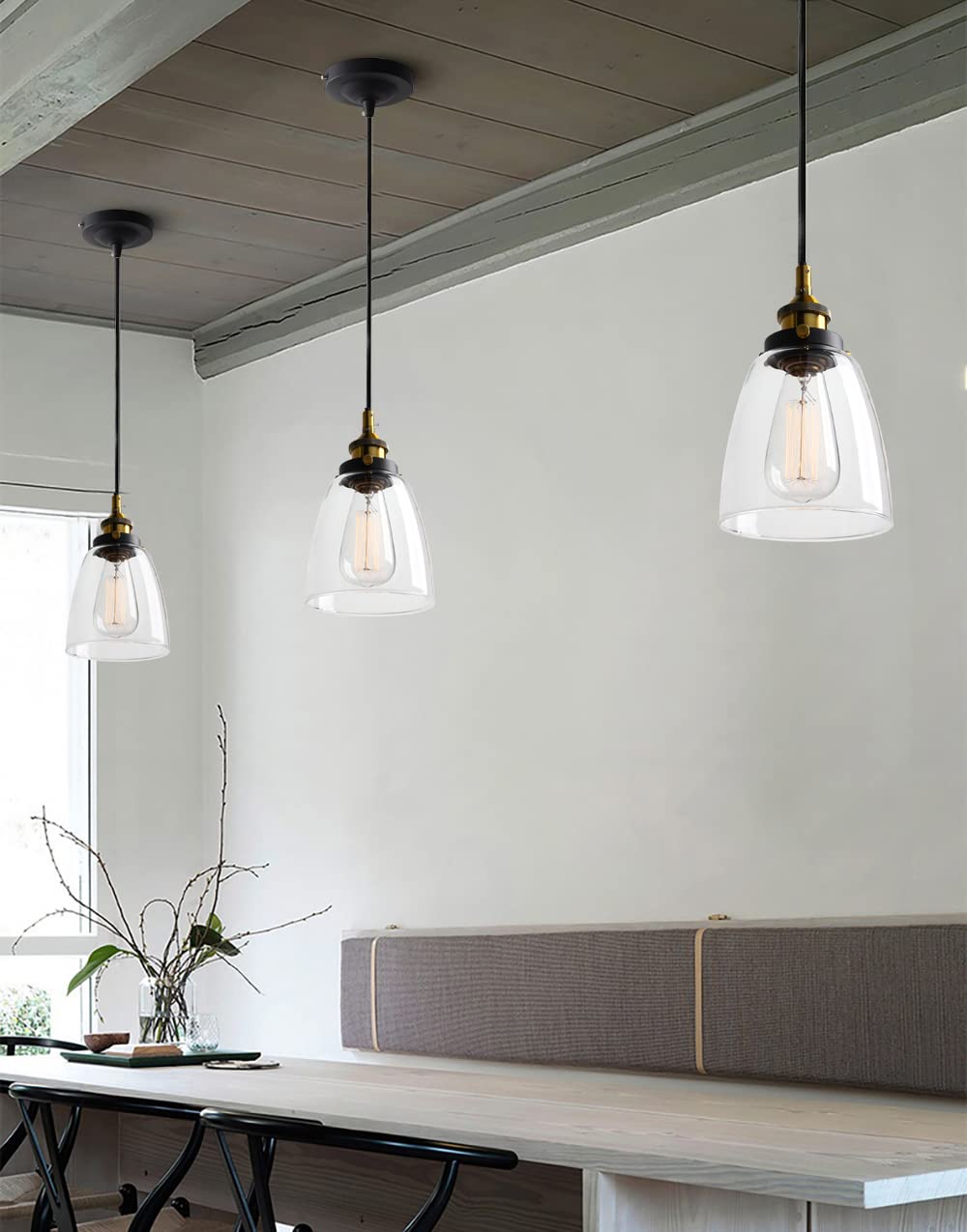 Pathson Retro Pendant Lighting, Industrial Small Hanging Light with Clear Glass and Textile Cord, Adjustable Kitchen Lamp for Hotels Hallway Shops Cafe Bar Flush Mount Ceiling Light Fixtures