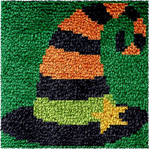 Beginner Mini Size Latch Hook Kits Set Halloween Pumpkin Hat Acrylic Yarn Small Cushion,Mat,Cartoon Pattern Craft Kits with Printed Canvas for Starter Kids Adults - 12 x 12 Inch