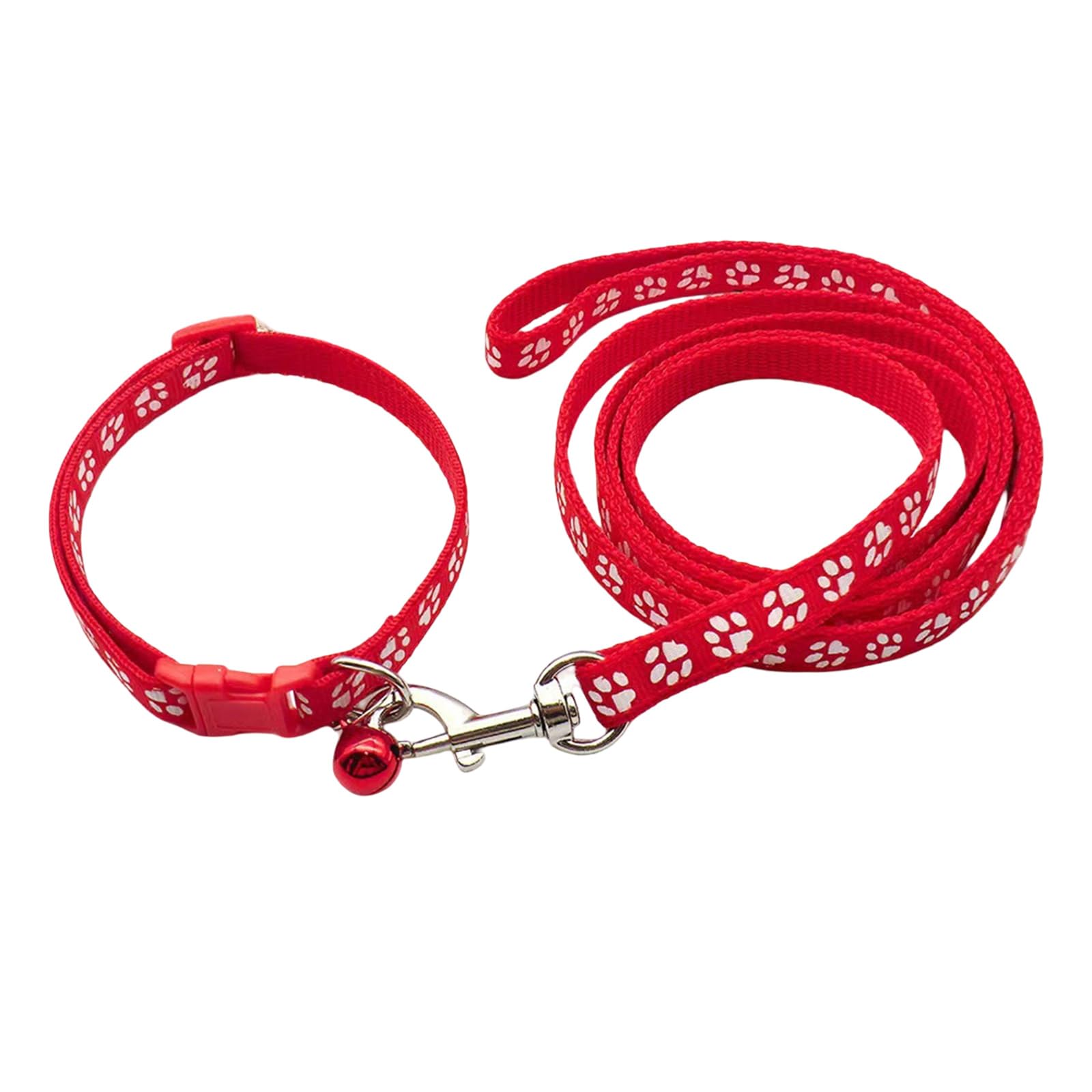 Small Dog Puppy Pet Collar and Lead Set Pawprint Design Nylon Adjustable Size 19-32cm Collar with Bell and 120cm Leash Red