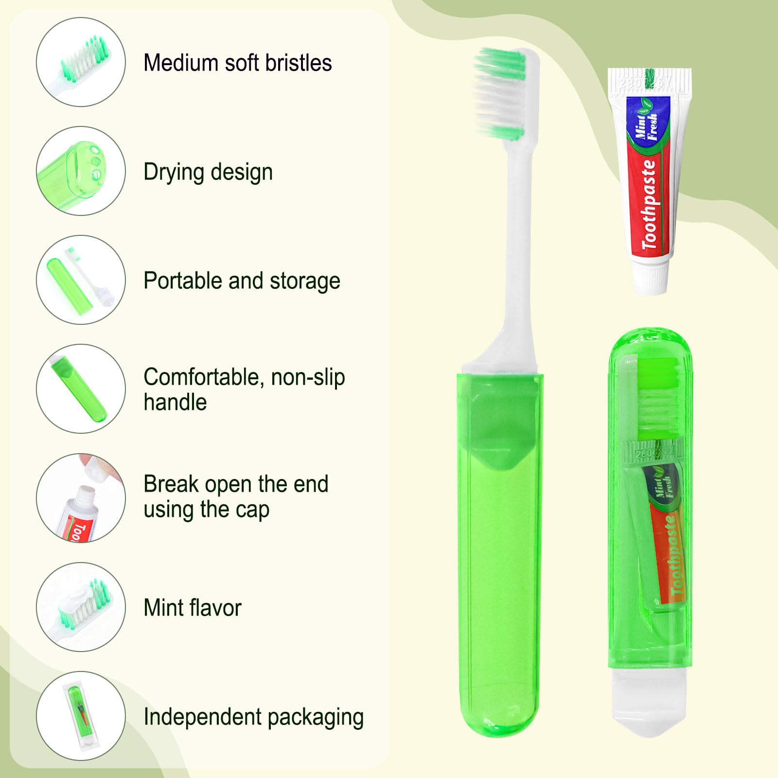 Cepillo de dientes de viaje, empaquetado individualmente, 5 colores, almacenamiento plegable, kit de cepillo de dientes de viaje adecuado para camping, hoteles (paquete de 100)
