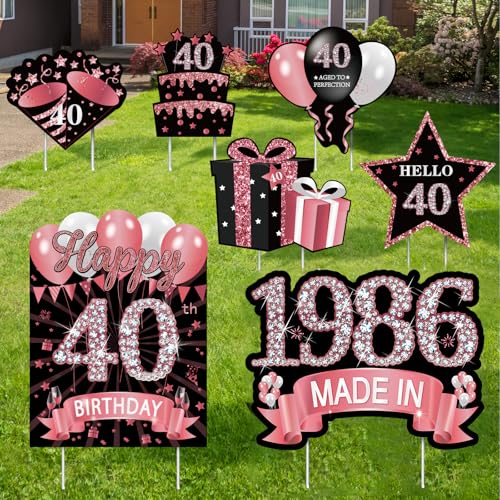 7 Stück Rotgold 40. Geburtstag Hofschild Dekorationen für Frauen, Happy 40th Birthday Made in 1984 Rasenschild Partyzubehör, vierzig Jahre alter Geburtstag Outdoor Hof Dekor mit Pfählen