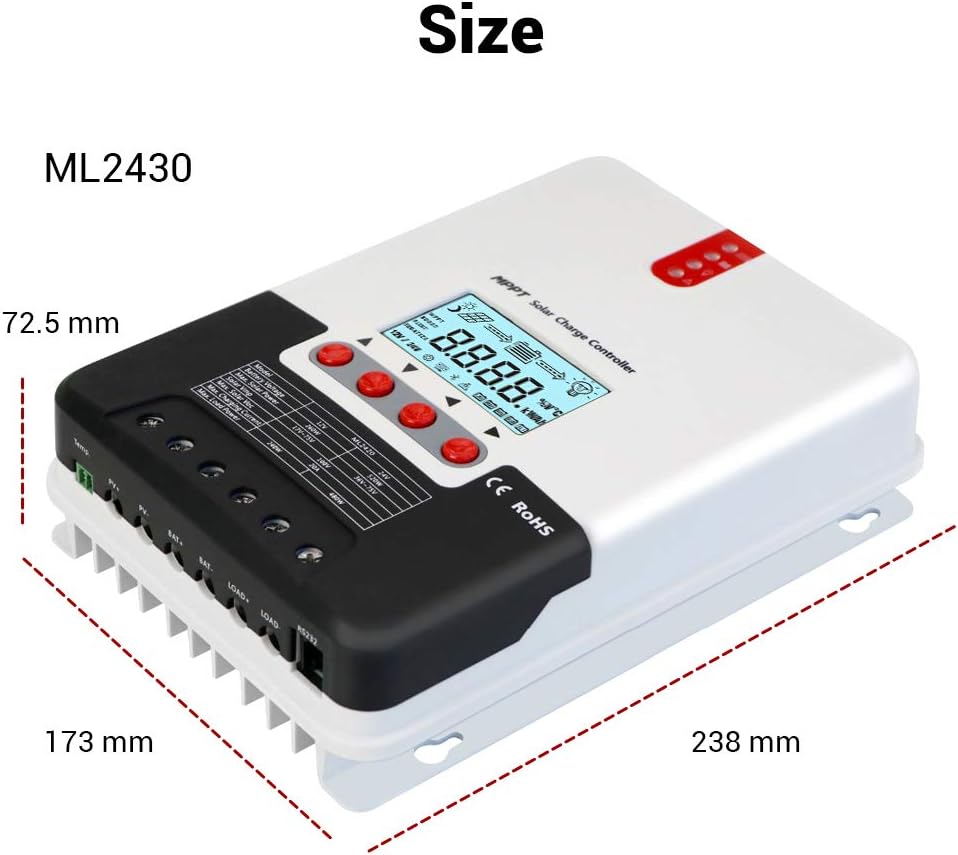 40A MPPT Solar Charge Controller Automatically Identifying 12V/24V Automatically Identifying Max.PV 100V Battery Charging Regulator with LCD Display