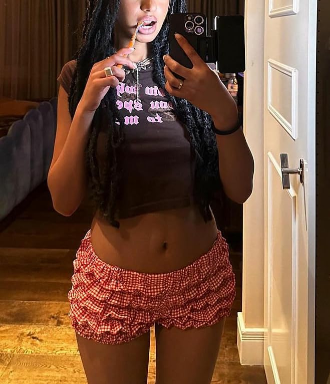 Image of Yuemengxuan Women Y2k Ruffle Shorts Ruched Plaid Shorts Micro Shorts Pajama Bottoms Y2k Cute Fairy Lace Edge Pettipants