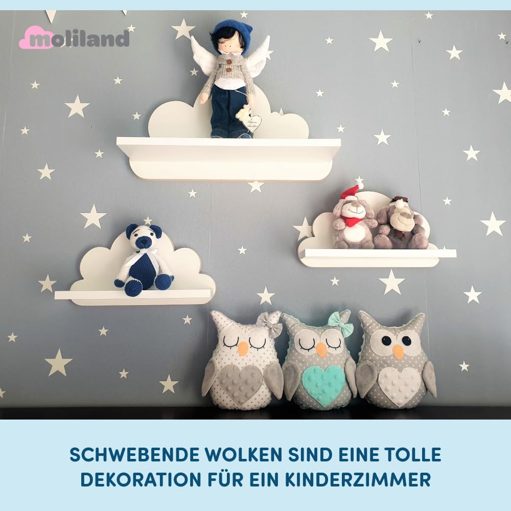3er Set Wandregal Kinderzimmer Weiß | Babyzimmer Wolkenregal für Bücher, Spielzeug, Dekoration | Regal Wolke aus Holz | Skandinavischen Stil | Schweberegal Wanddeko Ibiza- Elegance