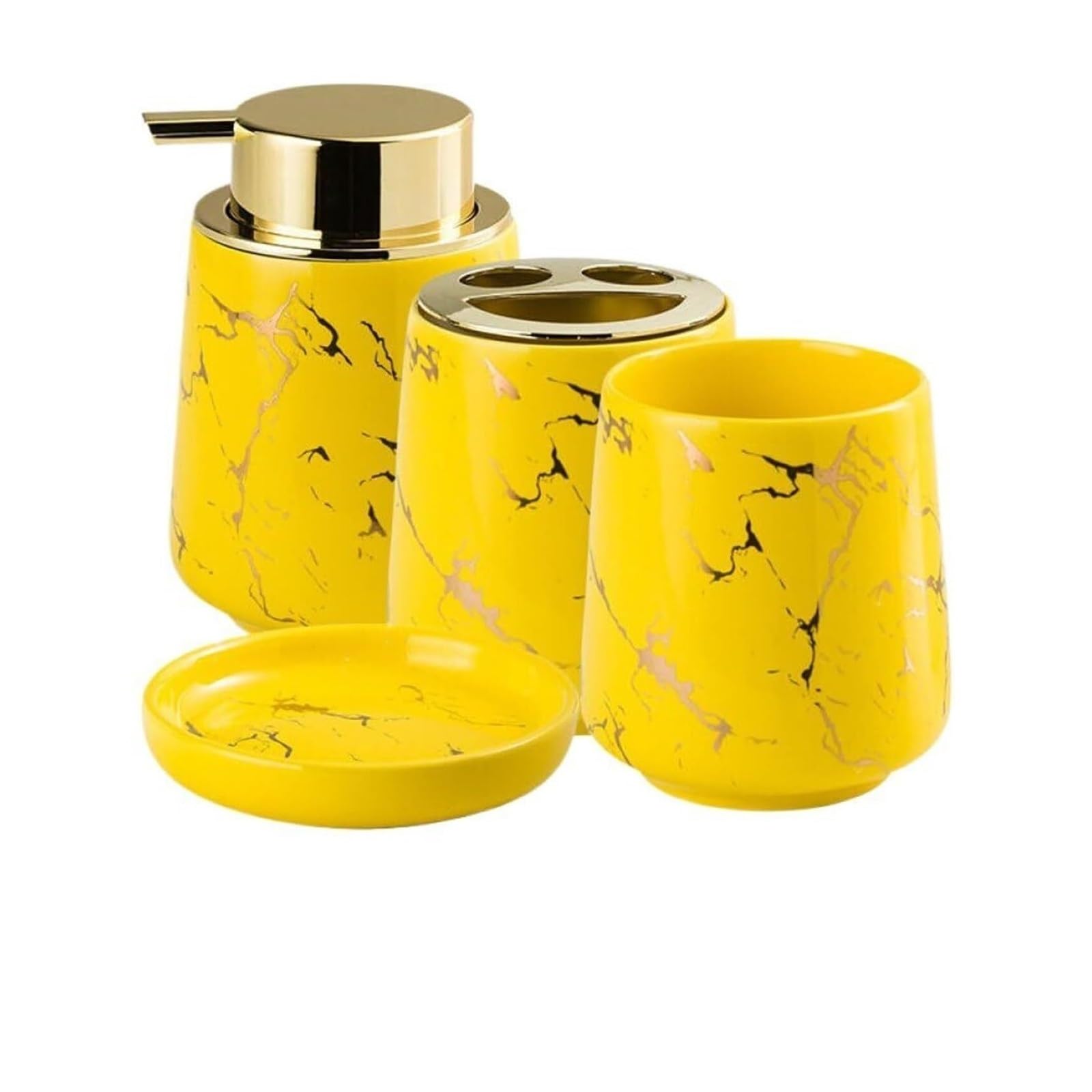 Set di accessori per il bagno Set da 4 pezzi in marmo, portaspazzolino, dispenser di sapone e bicchiere for collutorio, decorazione costiera Arredamento per gli affittuari(Yellow)