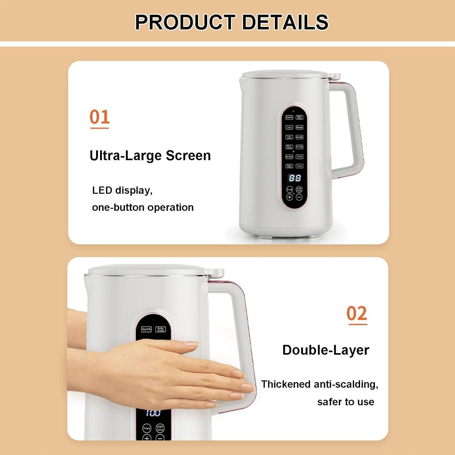 Espumador de leche, máquina de leche de soja de limpieza automática de 800 W, máquina de leche de frutos secos de 1,5 L, pantalla ultragrande, con pantalla LED, temporizador de 12 horas, lic
