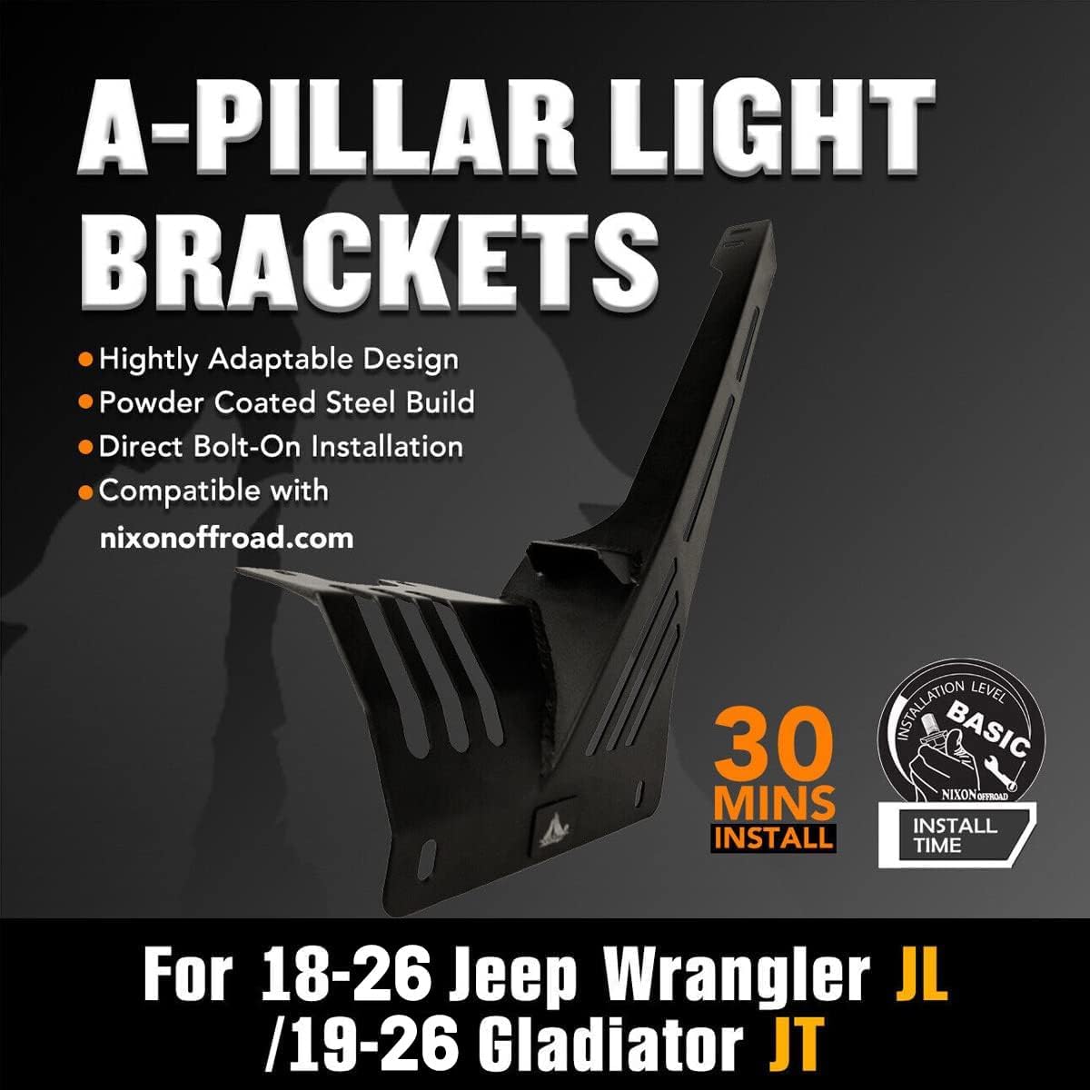 A-Pillar LED Lights Bar Mounting Brackets for Jeep 2018-2026 Wrangler JL/JLU, HAWKLEY 50 and 52 Inch Windshield Light Brackets for Jeep Gladiator JT 2019-2026
